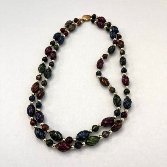 Jewelry - Beaded Necklace Statement Multi Strand with Gold Clasp 12" when clasped VTG
